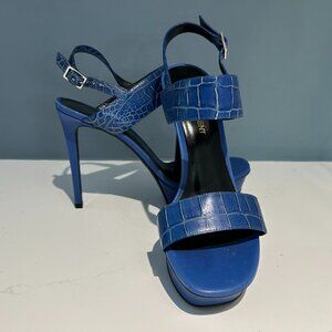 Saint Laurent Paris Blue Croc-Embossed Leather Platform Stiletto Sandals 7.5
